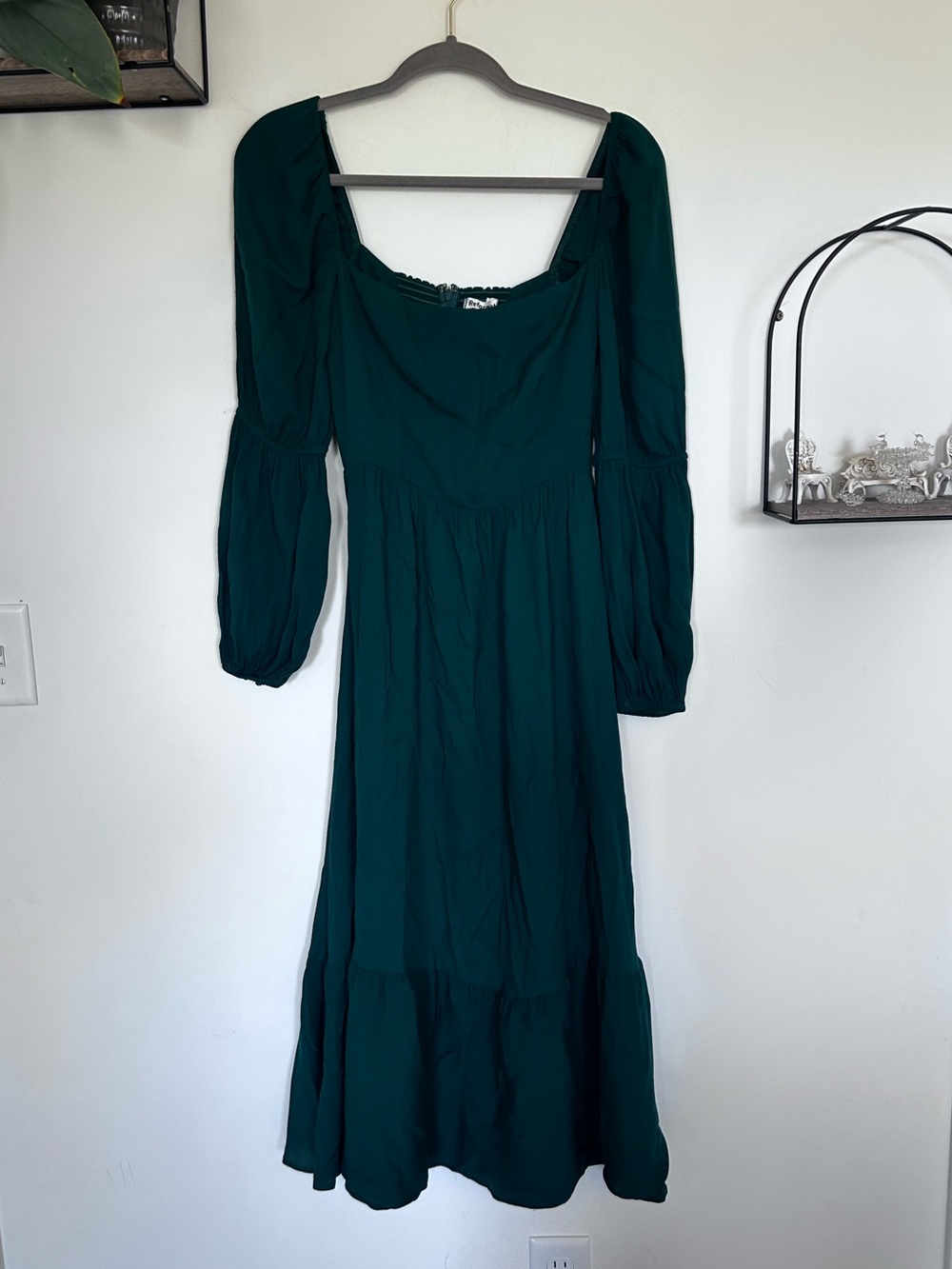 Reformation Emerald Green Long Puff Sleeve Square Neck Midi Dress Size 2